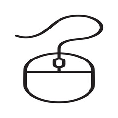 A simple line drawing of a computer mouse with a visible cord on a plain white background design element