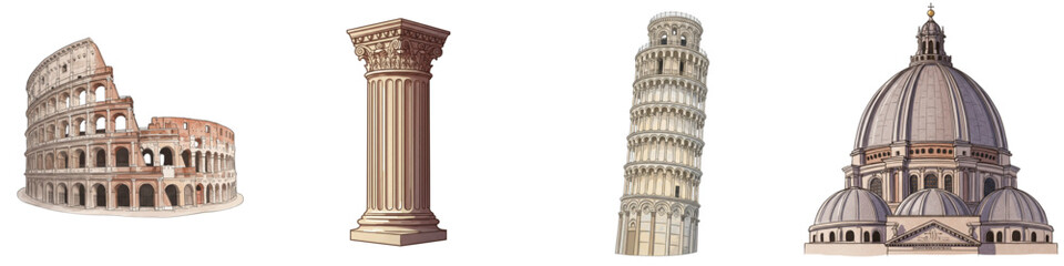 Set of isolated Italian architecture and attractions: Colosseum, Leaning Tower of Pisa, Roman column, Basilica dome  