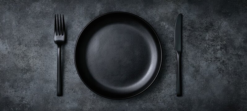 The sleek black plate with cutlery on a textured table surface.