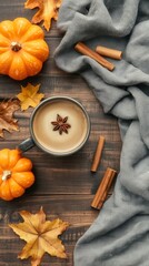 Fototapeta premium Vertical pumpkin coffee wooden table rustic cozy flatlay