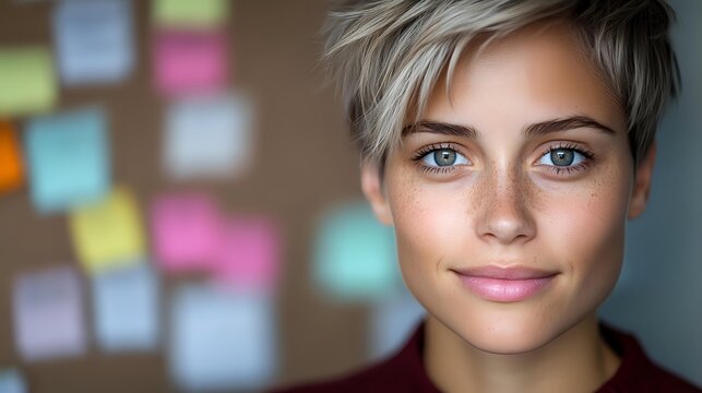 Young woman with short platinum blonde pixie haircut and bright blue eyes smiling confidently against blurred background with colorful sticky notes on wall.