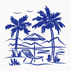 Mediterranean Sea Resort Life Vibes. Palm Tree and Coastal Beach View. Summer Rest and Vacation Tropical Resort Travel Decorative Contour Line Symbol.