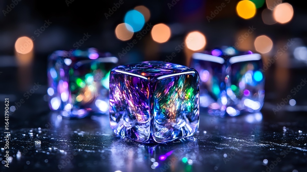 Poster glowing transparent dice with colorful light reflections and bokeh effects on dark surface, creating