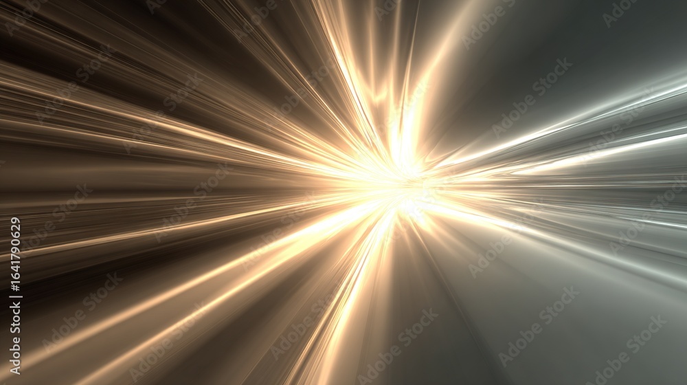 Poster radiant burst of golden and silver light rays emanating from a central point, abstract luminous ener