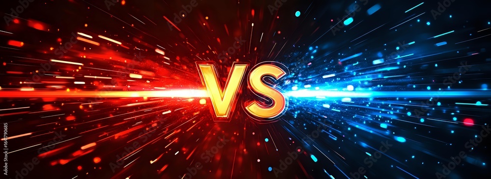 Poster glowing versus text with explosive red and blue light effects on dark background, dynamic motion str