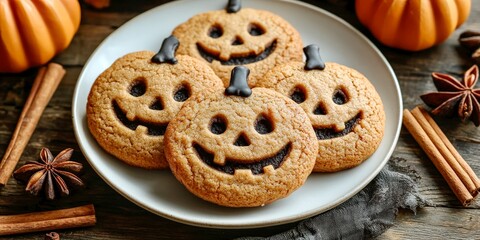 Halloween cookies with pumpkin faces on plate festive background