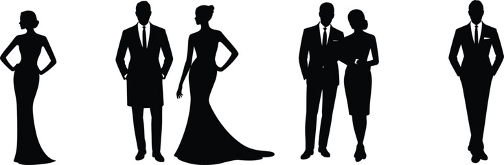 PrintElegant people silhouette, fashion couple, formal wear, business style, black vector, stylish man, classy woman, modern outfit, pose illustration