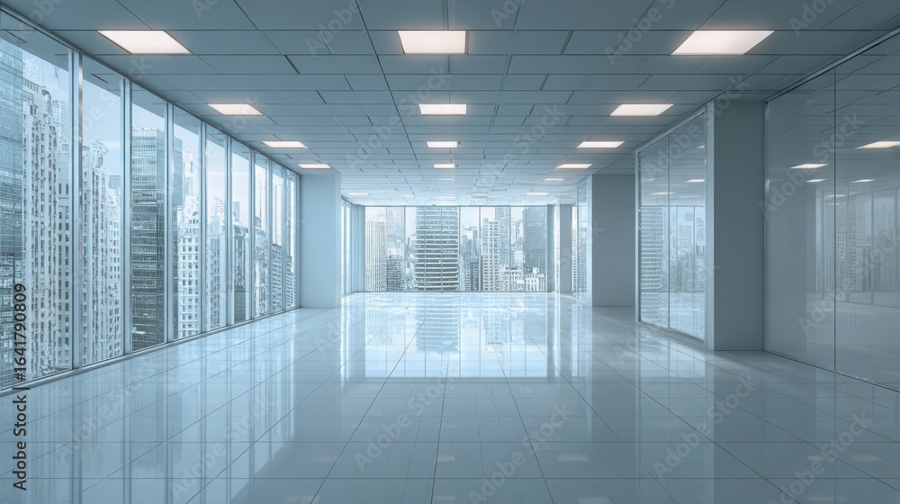 Poster bright and spacious empty office interior with large windows and cityscape view in a modern building