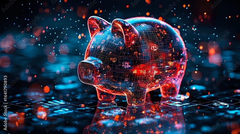Poster digital piggy bank with glowing circuit patterns and neon lights on dark background with bokeh effec