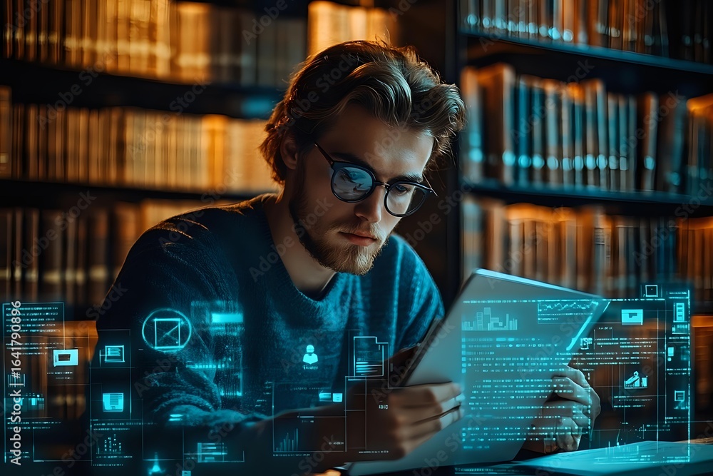 Poster Young Caucasian male programmer in glasses working late at computer with futuristic holographic interface displays and data visualization in dark library setting.