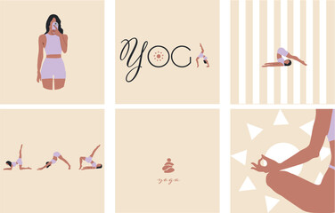 Minimalist seamless pattern with silhouettes of women in yoga poses, pastel colors, self-care and harmony concept, perfect for wellness, spa, and lifestyle designs.