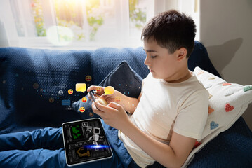 Teen boy hand using smart mobile phone with chat group friends,Gen Alpha or Teenager sharing...