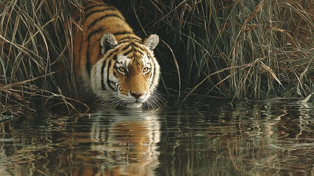 Majestic bengal tiger emerges from lush greenery to drink from a serene water body - Powered by Adobe
