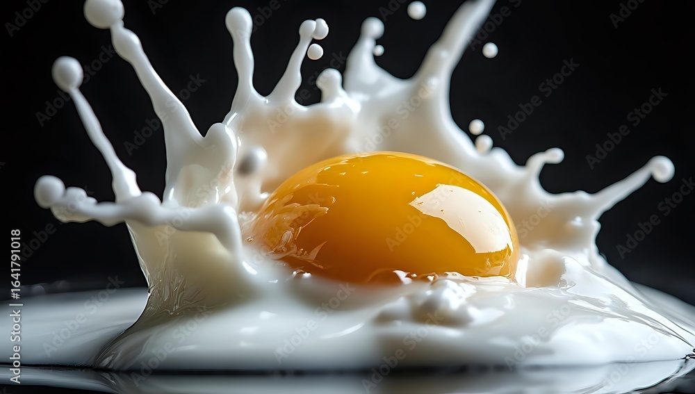 Poster raw egg yolk falling into splashing milk creating dynamic crown-shaped splash pattern against dark b