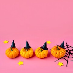 Cute pumpkins in witch hats with stars on pink background