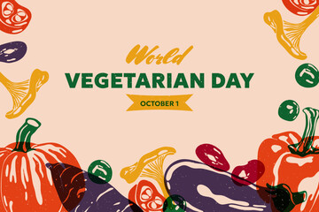 World vegetarian day background. Organic vegetables risograph style, abstract raw food banner with cartoon vegetable ingredients, healthy farm products. Vector flat illustration
