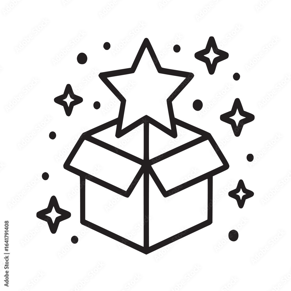Poster outline illustration of an open box with a star and sparkles on a white background design element