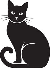 A simple vector silhouette of a cute black kitten with big eyes and a long tail, sitting on a white background