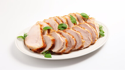 Sliced roast chicken breast served with fresh herbs on plate