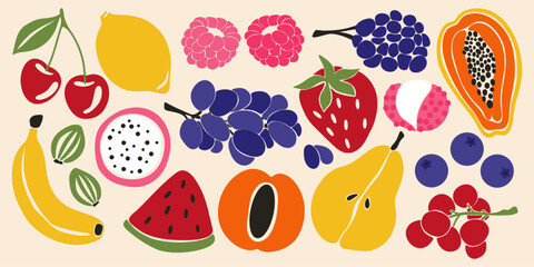 Abstract fruit set. Organic natural fruits and berries, tropical exotic food, colorful cherry, dragon fruit, strawberry, raspberry, peach, lemon, banana, melon. Vector collection