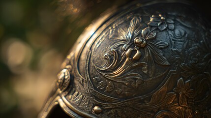Artistic macro shot of a detailed bronze helmet crest and engraved armor plates under warm natural light