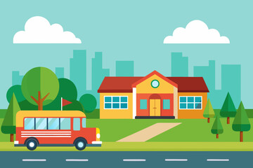  village road and bus and school vector illustration 