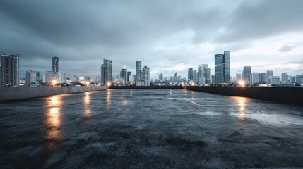 Fototapeta premium Urban Skyline on a Rainy Evening: Cityscape Reflection, Modern Architecture, and Atmospheric Mood