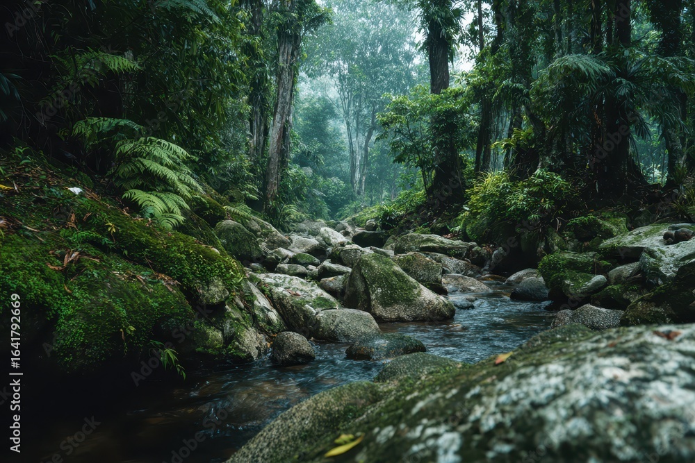 Poster lush green forest with a flowing stream surrounded by large rocks in a serene tropical environment