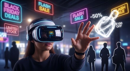 Woman Experiencing Virtual Reality Shopping with Flash Sale Promotions, Black Friday Deals, and Limited Stock Offers in a Futuristic Metaverse Environment