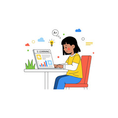 Flat minimalist 2D vector illustration of a child learning on a laptop, sitting at a table, bright colors, clean lines, isolated on white background, e-learning concept
