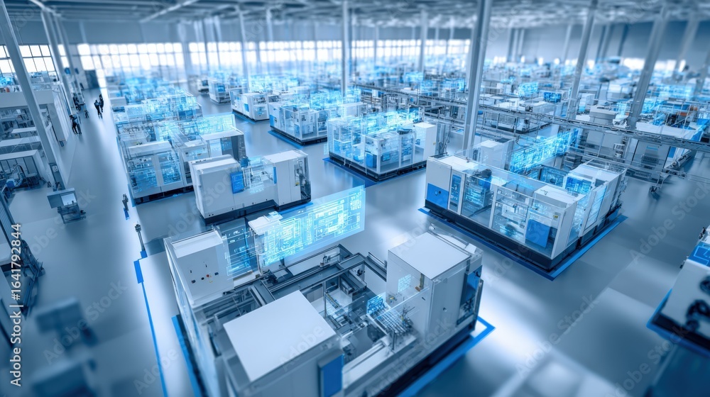 Poster advanced manufacturing facility with automated machinery and futuristic interfaces for precision eng