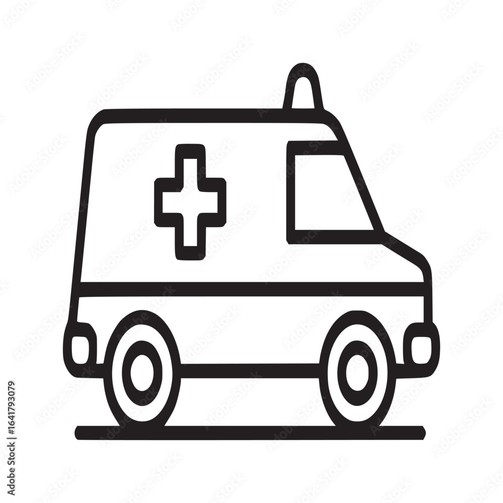 Poster a simple line drawing of an ambulance with a cross and siren on top isolated on a white background
