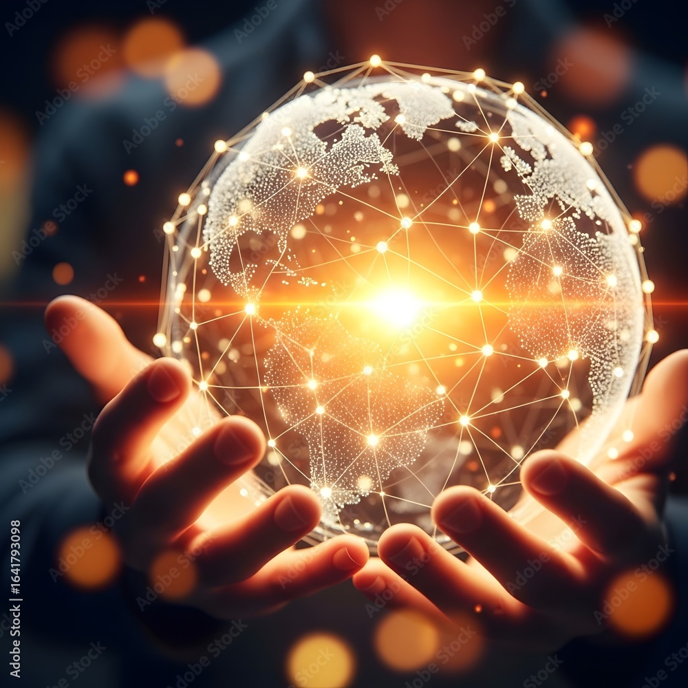 Poster hands holding a glowing digital globe with interconnected nodes representing global network and tech