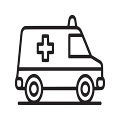 A simple line drawing of an ambulance with a cross and siren on top isolated on a white background