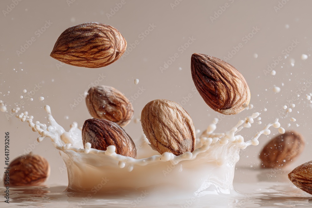 Poster almonds splash in creamy liquid creating a dynamic culinary moment in a simple setting