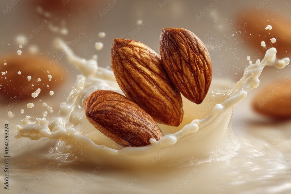 Poster almonds splashing into milk creating a dynamic scene of nature's freshness and nutrition