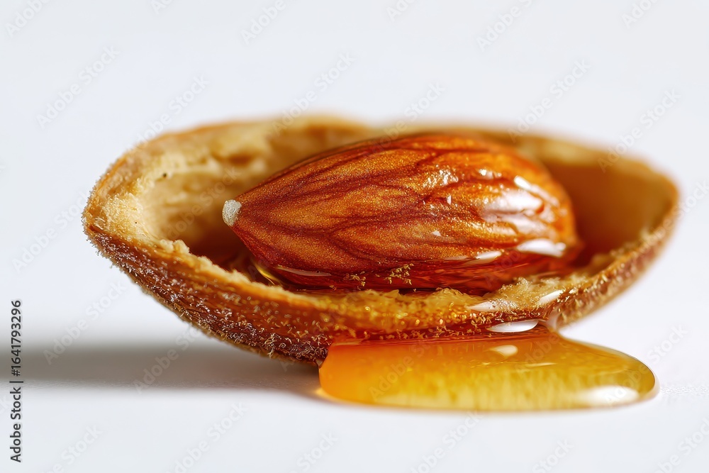 Poster close-up view of an almond in its shell with liquid amber oozing from it