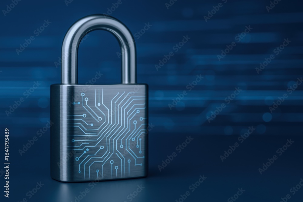 Poster padlock with circuit board design illustrating digital security and data protection on blue backgrou