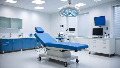 Modern medical clinic room with blue examination bed, surgical light, and advanced equipment for healthcare and treatment services
