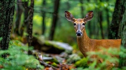 Fototapeta premium A curious deer with large ears gazes forward in a lush green forest setting
