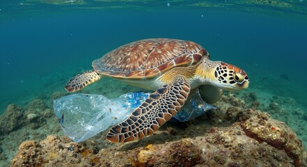 Obraz premium Sea turtle encountering plastic bag on reef, stark ocean pollution message, conservation urgency, marine life at risk, clear water scene, copy space