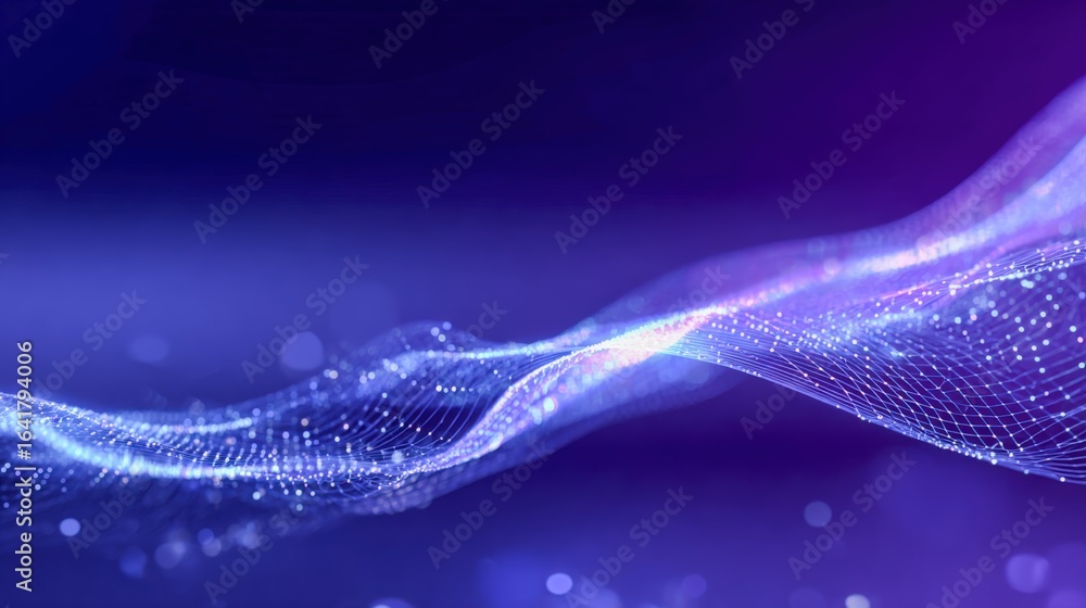 Poster dynamic blue and purple abstract wave background with flowing particles for modern technology concep