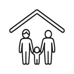 A simple line drawing of a family of three standing under a roof representing home and security