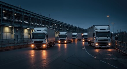 Naklejka premium Convoy of refrigerated trucks leaving plant at dusk, cold chain logistics ensuring reliable delivery. Fits transport ads, policy notes, industry reports