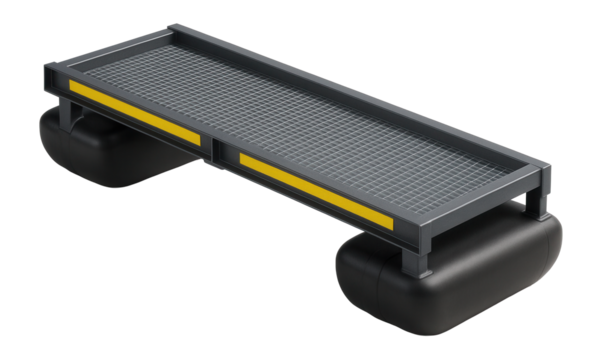 Steel-framed pontoon bridge section with grated walkway