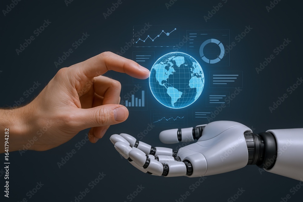 Poster human and ai collaboration: interactive globe with data visualization for global business solutions