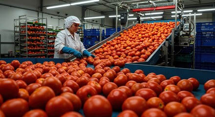 Worker sorting tomatoes on conveyor in modern plant, quality control and hygiene, fresh food processing for logistics, retail, safety visuals