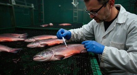 Scientist injecting salmon for health check in aquaculture lab, careful procedure, blue gloves, clean table, sustainability focus, controlled environment, room for text