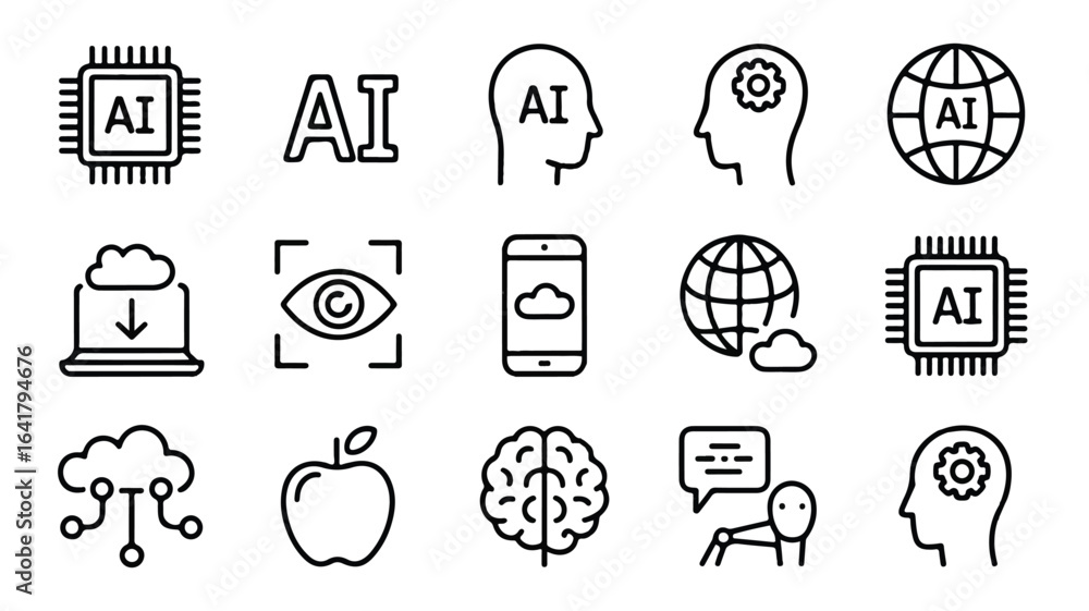 Poster artificial intelligence and machine learning vector icon set representing modern technology and inno