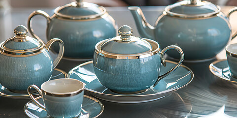 Elegant teal ceramic tea set with gold trim, perfect for refined gatherings.